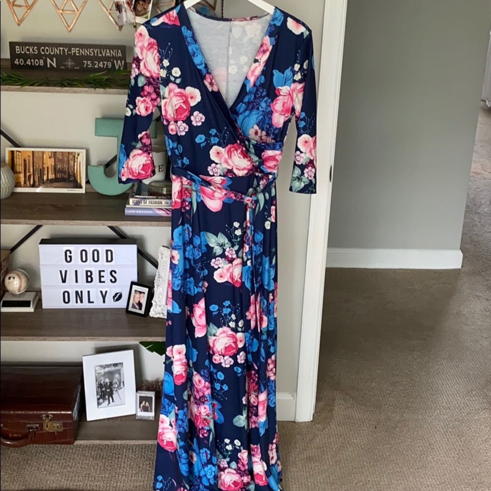 Navy and pink floral deep V tie waist dress